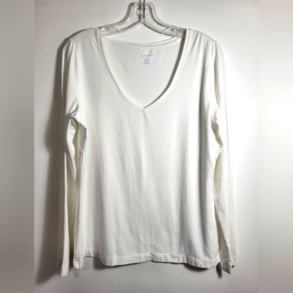 Lands' End white v-neck long sleeve top women's L  #2545